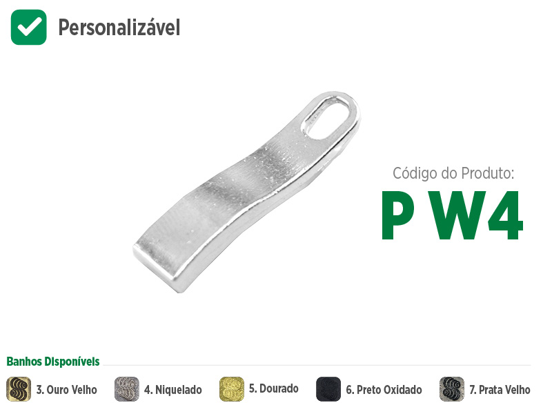 Puxador grande com curvaturas para zíperes metálicos, sintéticos ou plásticos. Puxador moderno, sofisticado e com opções de banho: ouro velho, niquelado, dourado, preto oxidado e prata velho. Puxador com opção de personalização, coloque sua marca ou sua logo no seu zíper.