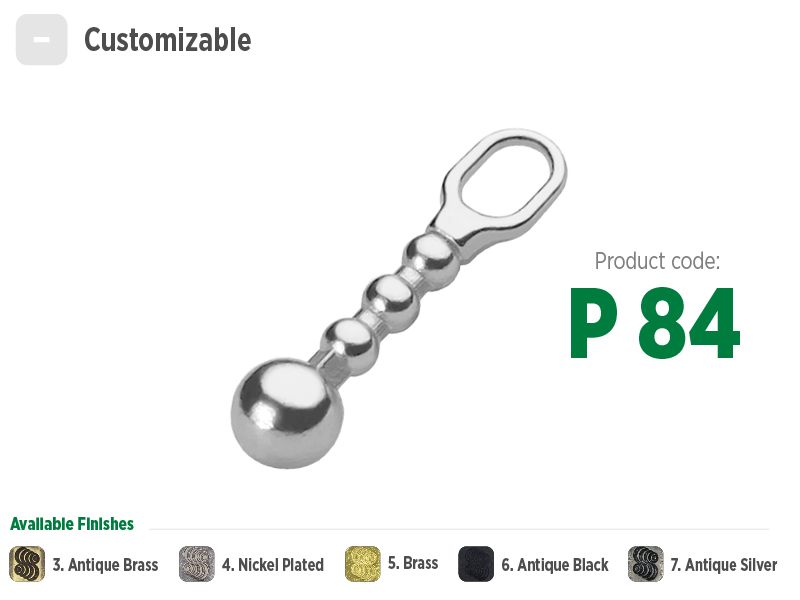 Puxador pequeno e delicado com bolinhas para zíperes metálicos, sintéticos ou plásticos. Puxador moderno, sofisticado e com opções de banho: ouro velho, niquelado, dourado, preto oxidado e prata velho.