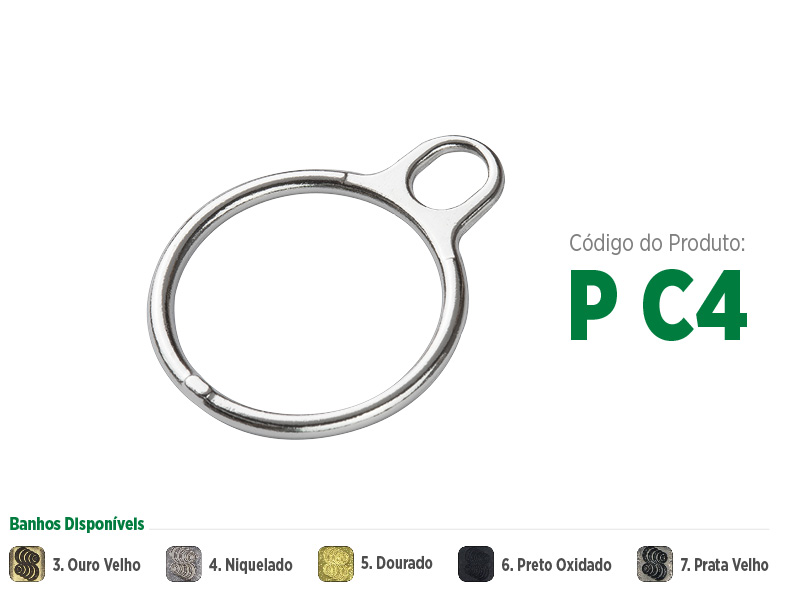 Puxador tipo argola grande para zíperes metálicos, sintéticos ou plásticos. Puxador moderno, sofisticado e com opções de banho: ouro velho, niquelado, dourado, preto oxidado e prata velho.