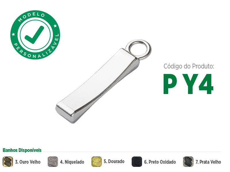 Puxador pequeno delicado para zíperes metálicos, sintéticos ou plásticos. Puxador moderno, sofisticado e com opções de banho: ouro velho, niquelado, dourado, preto oxidado e prata velho. Puxador com opção de personalização, coloque sua marca ou sua logo no seu zíper.