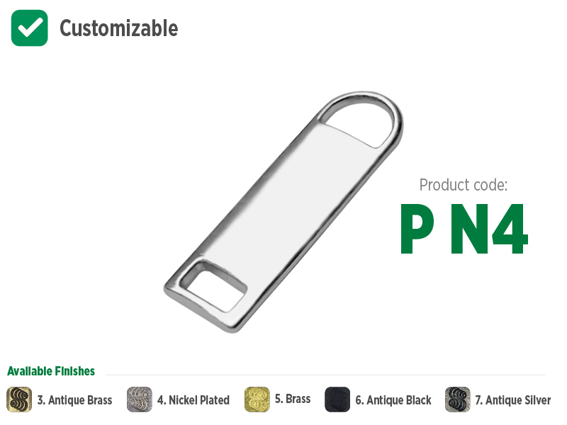 Puxador grande com orifício para zíperes metálicos, sintéticos ou plásticos. Puxador moderno, sofisticado e com opções de banho: ouro velho, niquelado, dourado, preto oxidado e prata velho. Puxador com opção de personalização, coloque sua marca ou sua logo no seu zíper.