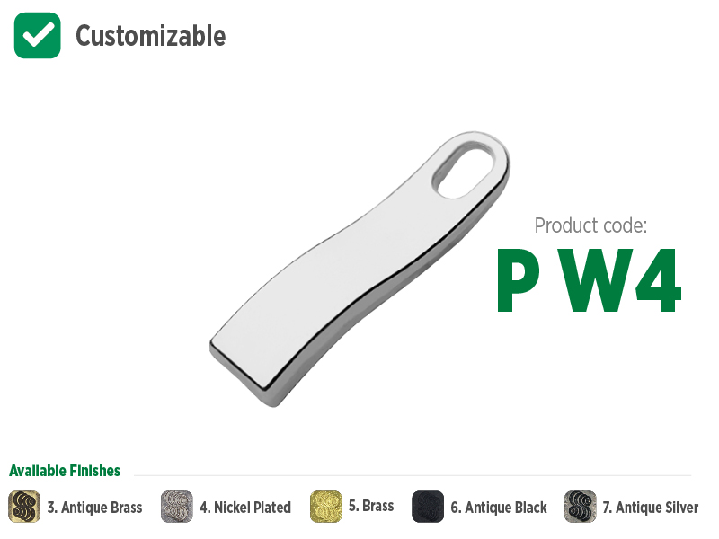 Puxador grande com curvaturas para zíperes metálicos, sintéticos ou plásticos. Puxador moderno, sofisticado e com opções de banho: ouro velho, niquelado, dourado, preto oxidado e prata velho. Puxador com opção de personalização, coloque sua marca ou sua logo no seu zíper.