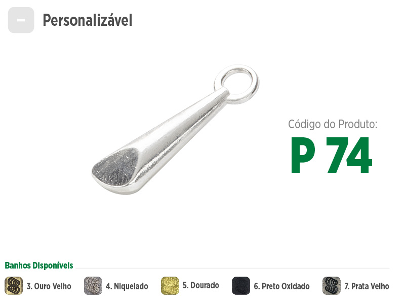 Puxador delicado para zíperes metálicos, sintéticos ou plásticos. Puxador moderno, sofisticado e com opções de banho: ouro velho, niquelado, dourado, preto oxidado e prata velho.