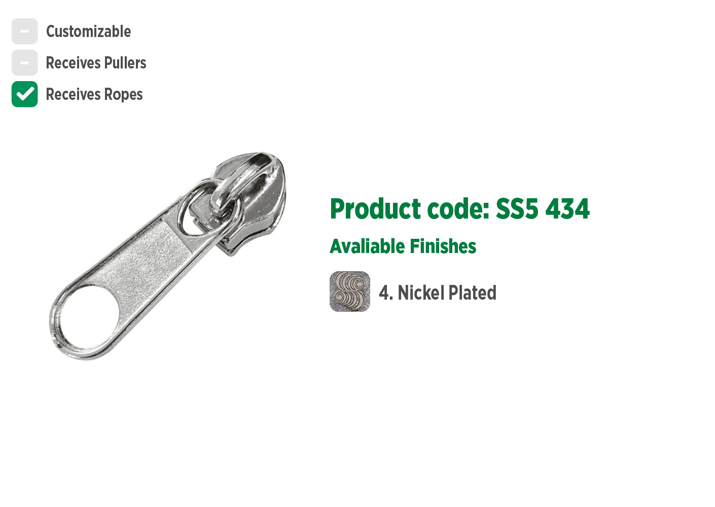 Deslizador S5434 SANCRIS para zíper sintético 5 Standard, Zíper de nylon grosso, zíper comum grosso, zíper simples grosso.