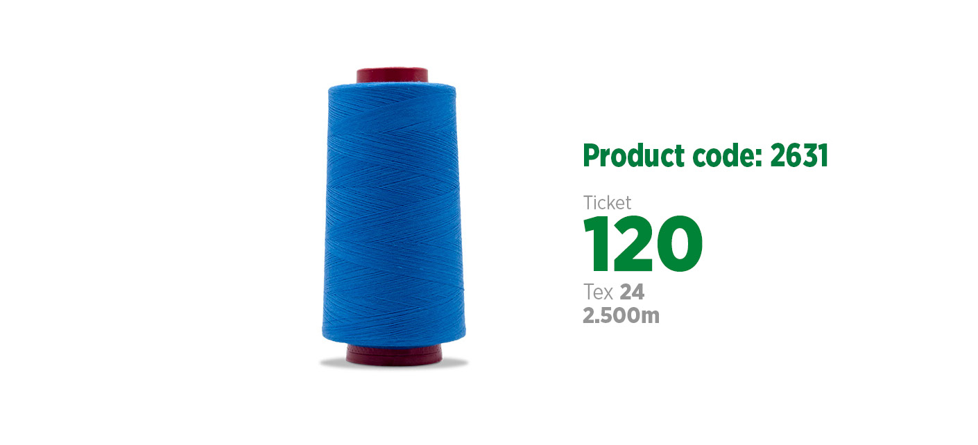 Linha Mista Core Spun para costura industrial (linha mista poliéster/algodão), etiqueta 120, tex 24, 2.5 mil metros SANCRIS.