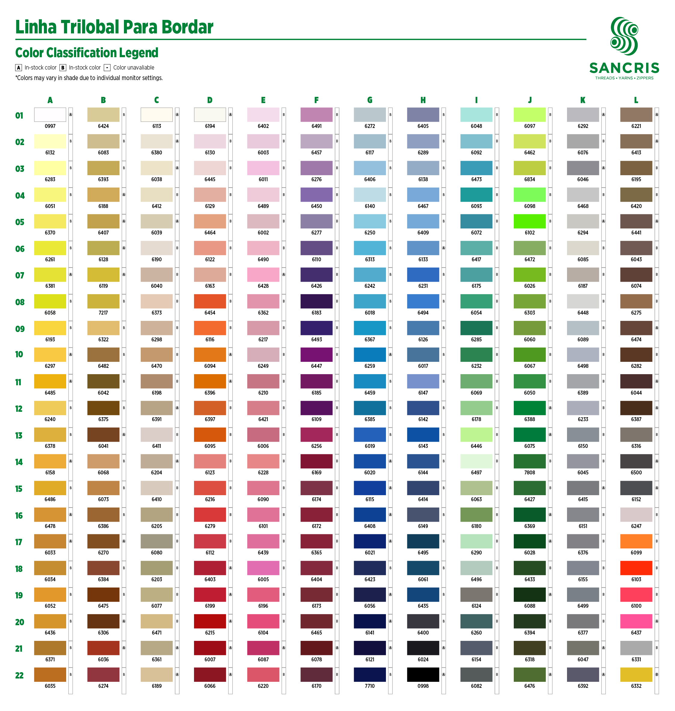 Cartela de cores digitalizada para Linha Trilobal para Bordar (linha de bordado) SANCRIS.