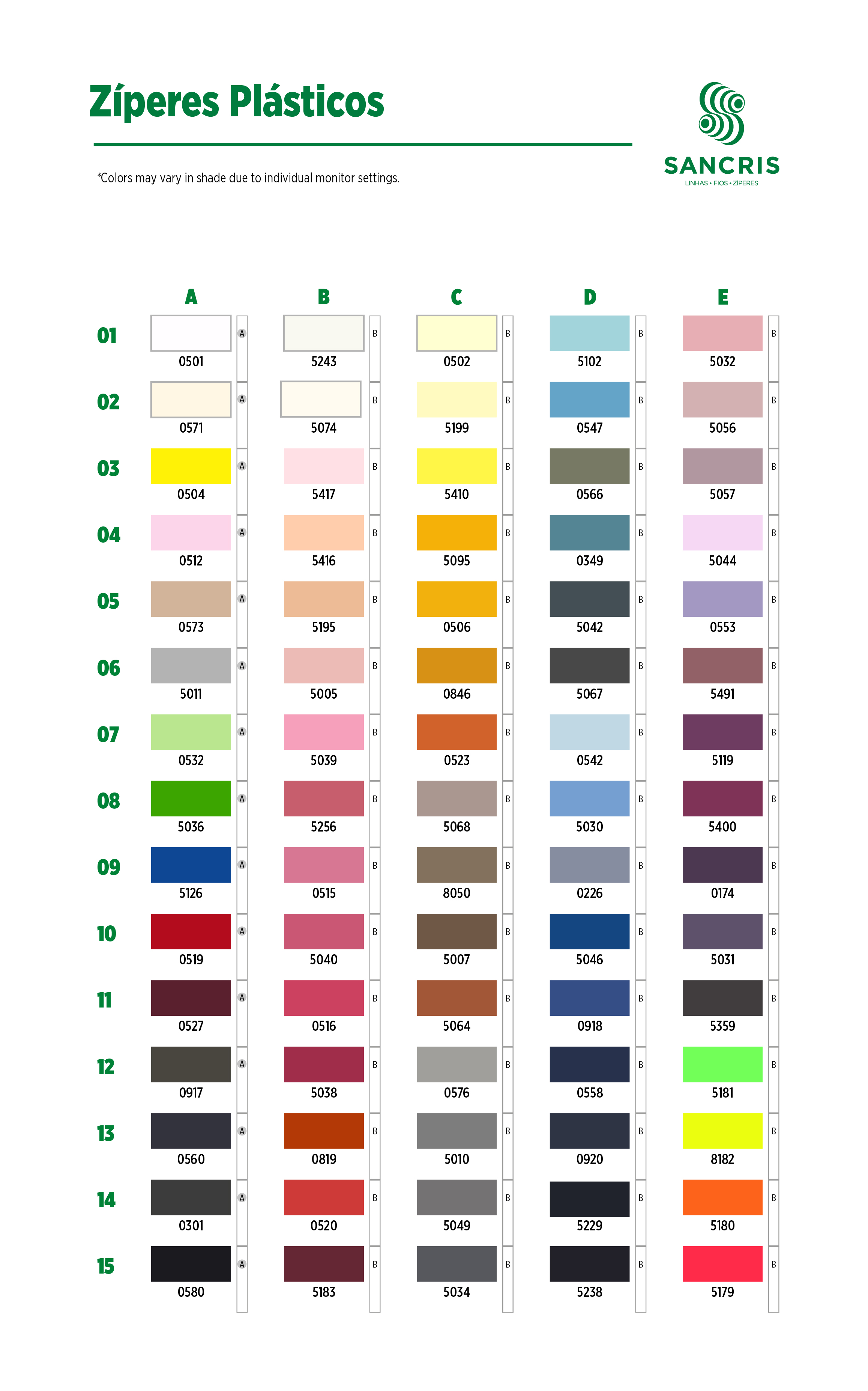 Cartela de cores SANCRIS digitalizada para Zíper plástico grosso, zíper tratorado grosso, zíper vislon grosso, zíper dente de cachorro grosso, zíper dente de jacaré grosso.